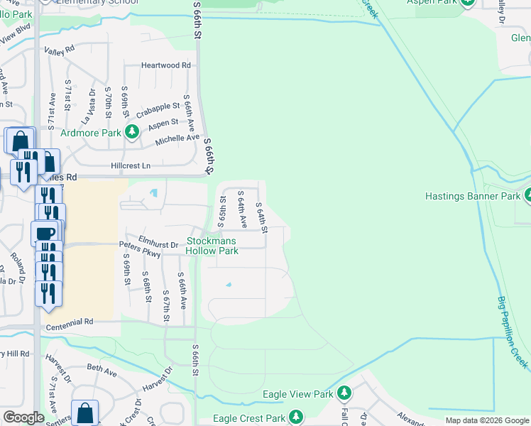 map of restaurants, bars, coffee shops, grocery stores, and more near 8425 South 64th Street in Papillion