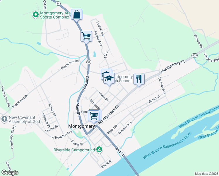 map of restaurants, bars, coffee shops, grocery stores, and more near 120 Penn Street in Montgomery