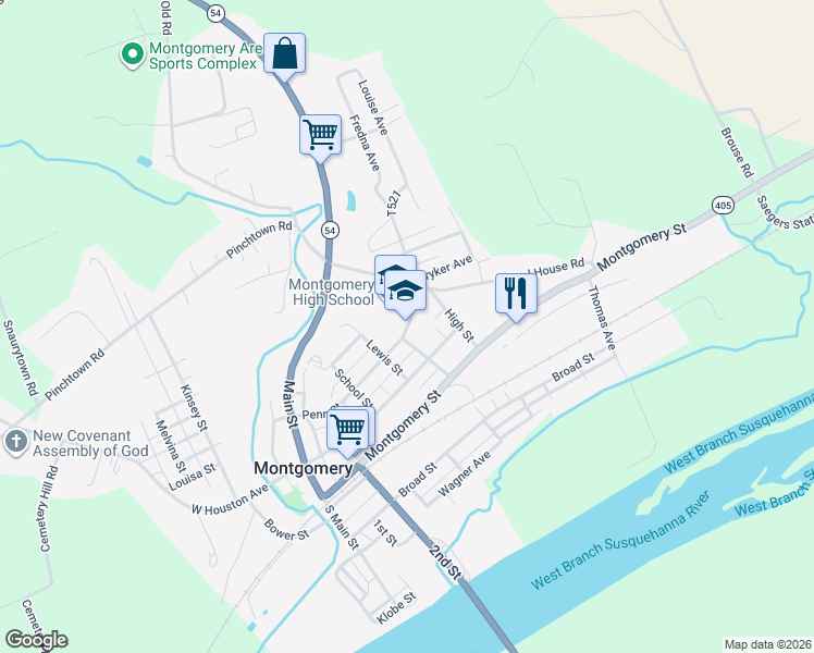 map of restaurants, bars, coffee shops, grocery stores, and more near 120 Penn Street in Montgomery