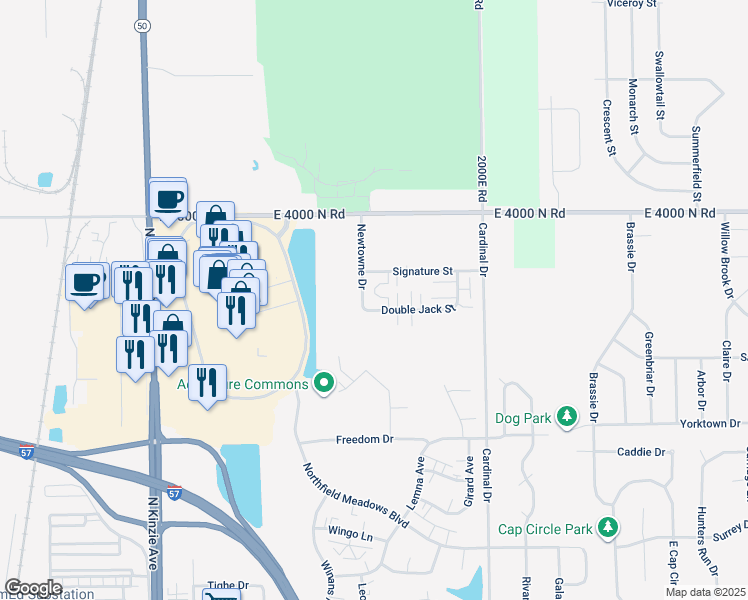 map of restaurants, bars, coffee shops, grocery stores, and more near 797 Double Jack Street in Bourbonnais