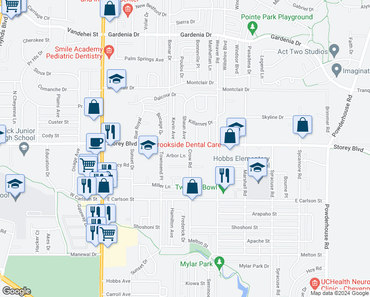 map of restaurants, bars, coffee shops, grocery stores, and more near 6102 Shaun Avenue in Cheyenne