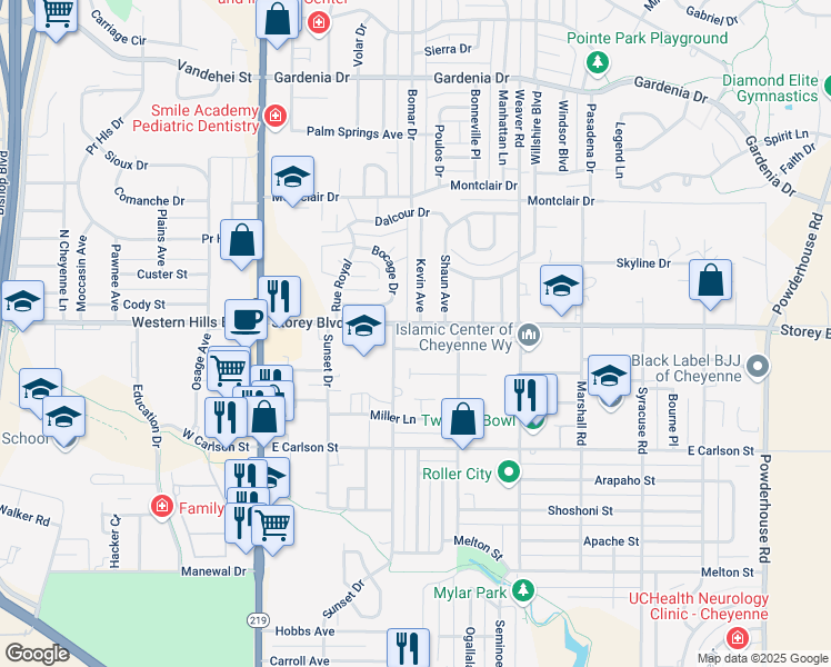 map of restaurants, bars, coffee shops, grocery stores, and more near 305 Storey Boulevard in Cheyenne