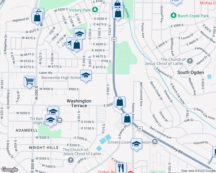 map of restaurants, bars, coffee shops, grocery stores, and more near 4860 South 350 East in Washington Terrace