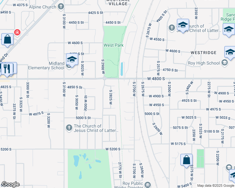 map of restaurants, bars, coffee shops, grocery stores, and more near 2802 4875 South Street in Roy