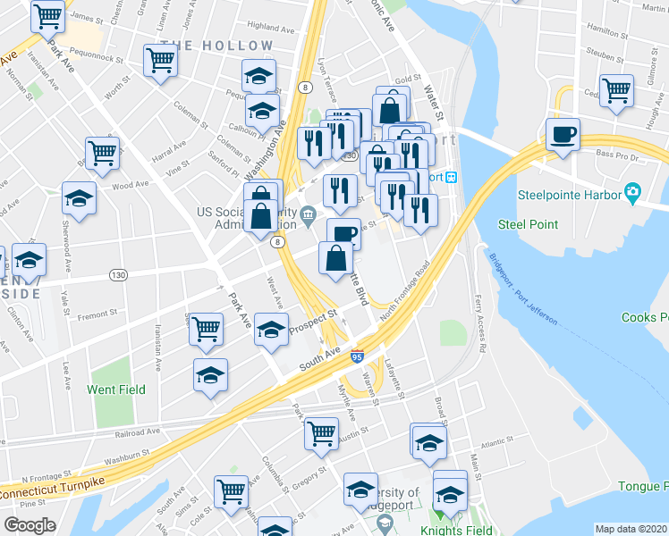 map of restaurants, bars, coffee shops, grocery stores, and more near 881 Lafayette Boulevard in Bridgeport