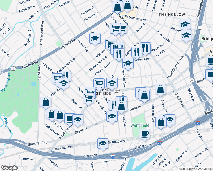 map of restaurants, bars, coffee shops, grocery stores, and more near 61 Grove Street in Bridgeport