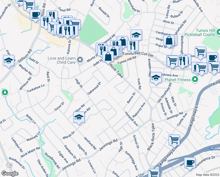 map of restaurants, bars, coffee shops, grocery stores, and more near 111 Boroskey Drive in Fairfield