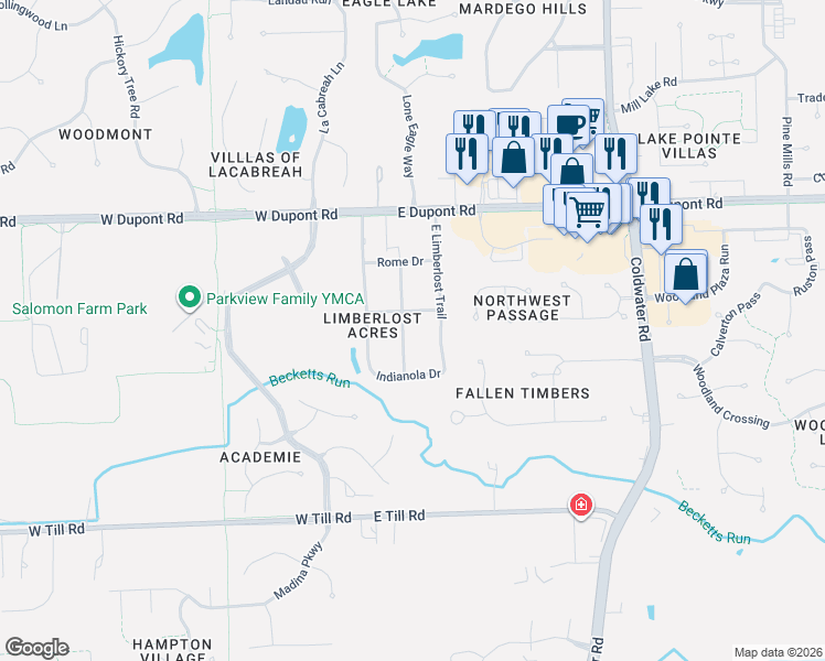 map of restaurants, bars, coffee shops, grocery stores, and more near 10028 Jamaica Drive in Fort Wayne