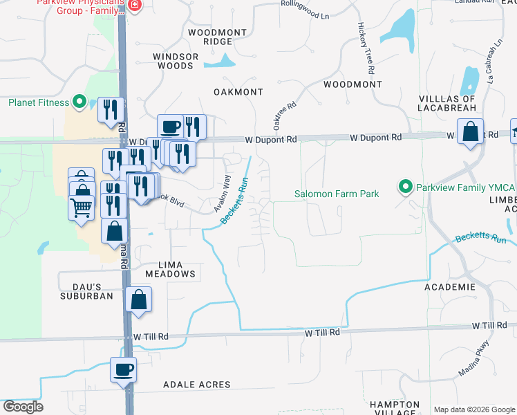 map of restaurants, bars, coffee shops, grocery stores, and more near 10017 Oak Trail Road in Fort Wayne