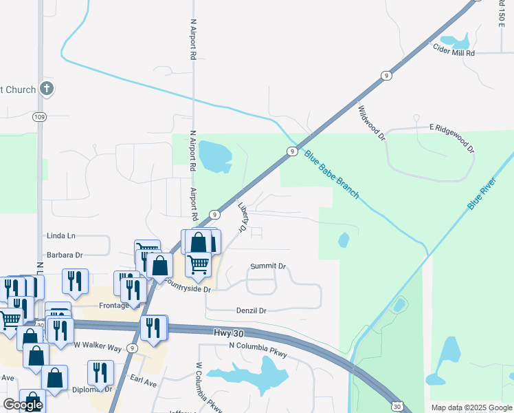 map of restaurants, bars, coffee shops, grocery stores, and more near 100 Raleigh Court in Columbia City