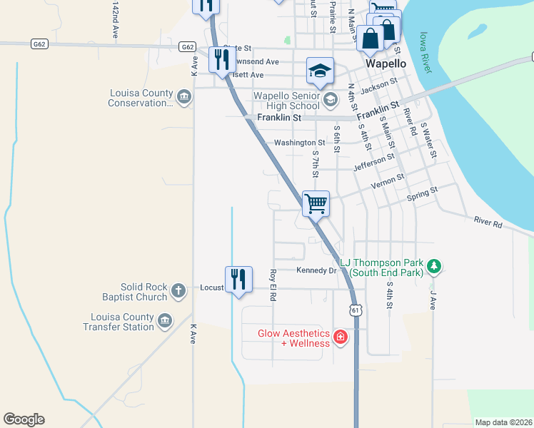 map of restaurants, bars, coffee shops, grocery stores, and more near 100 Roy El Road in Wapello