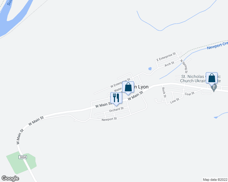 map of restaurants, bars, coffee shops, grocery stores, and more near 98 Water Street in Glen Lyon