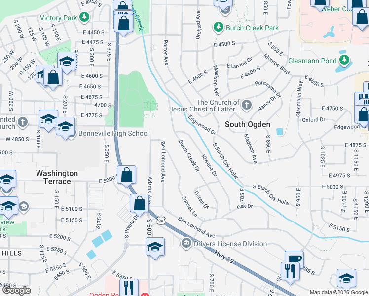 map of restaurants, bars, coffee shops, grocery stores, and more near Burch Creek Drive in Ogden