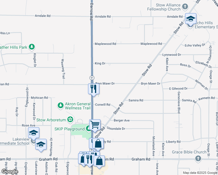 map of restaurants, bars, coffee shops, grocery stores, and more near 1952 Bryn Mawr Drive in Stow