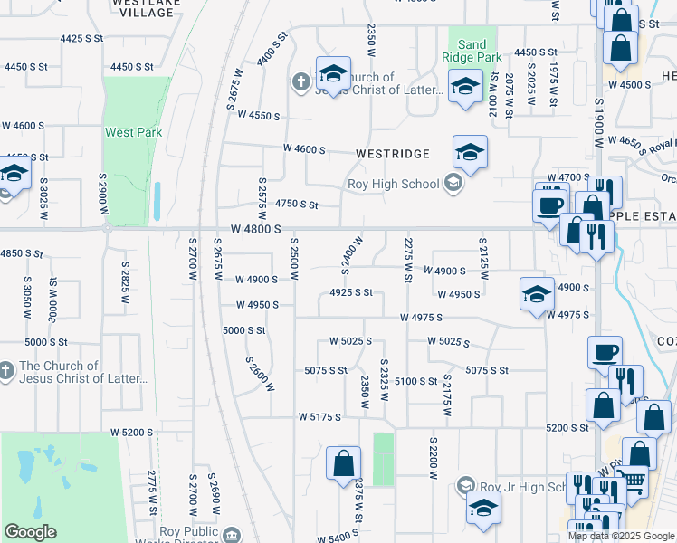 map of restaurants, bars, coffee shops, grocery stores, and more near 2411 West 4900 South in Roy