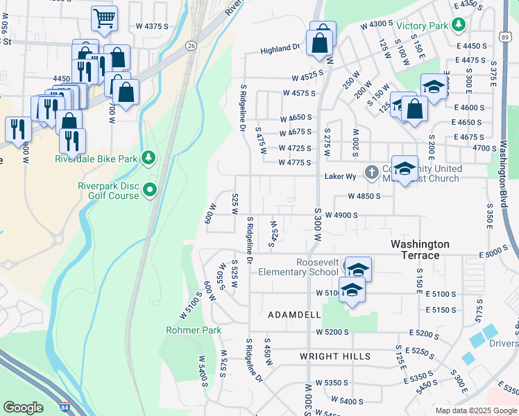 map of restaurants, bars, coffee shops, grocery stores, and more near 4853 South 450 West in Washington Terrace