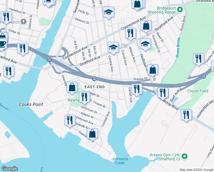 map of restaurants, bars, coffee shops, grocery stores, and more near 533 Central Avenue in Bridgeport