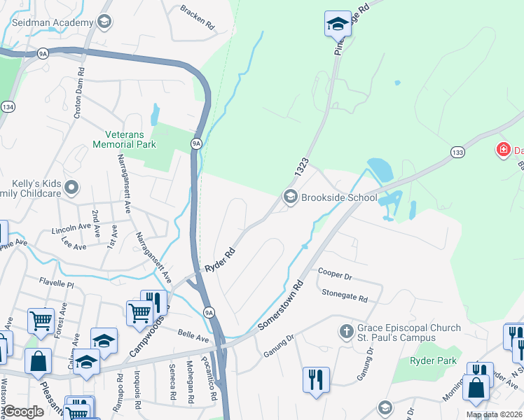 map of restaurants, bars, coffee shops, grocery stores, and more near 35 Ryder Road in Ossining