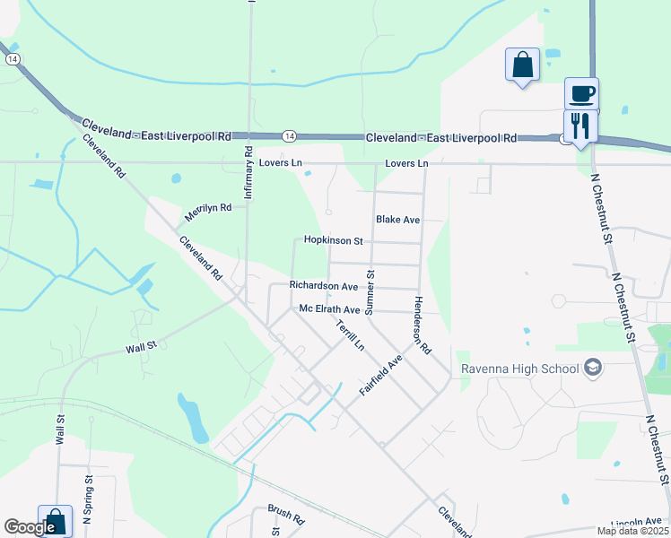 map of restaurants, bars, coffee shops, grocery stores, and more near 3781 Payne Avenue in Ravenna