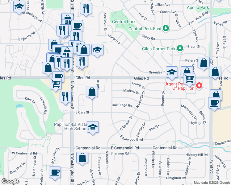 map of restaurants, bars, coffee shops, grocery stores, and more near 1302 Edgewood Boulevard in Papillion