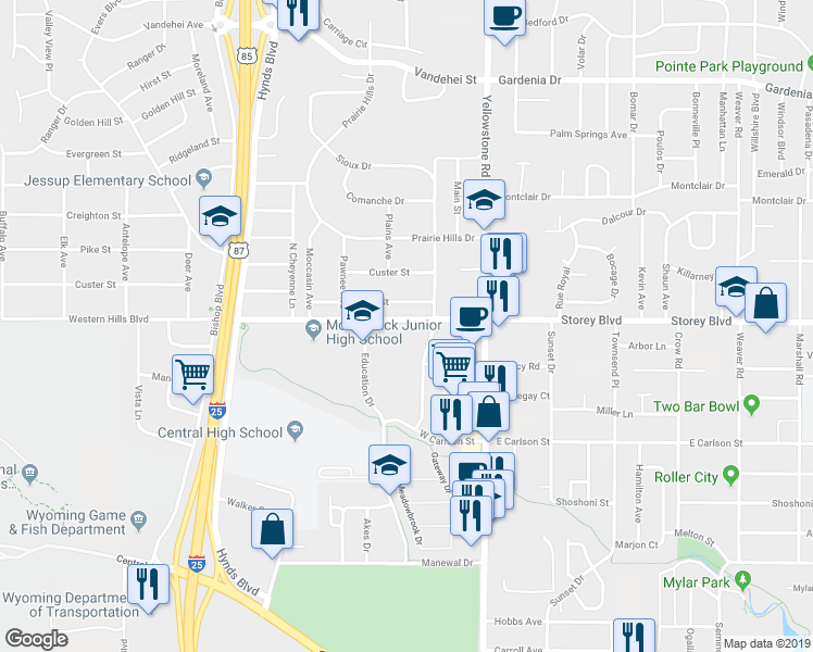 map of restaurants, bars, coffee shops, grocery stores, and more near 236 Western Hills Boulevard in Cheyenne