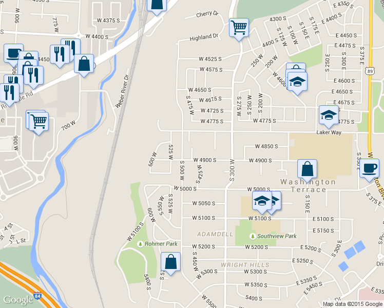 map of restaurants, bars, coffee shops, grocery stores, and more near 4868 South Ridgeline Drive in Ogden