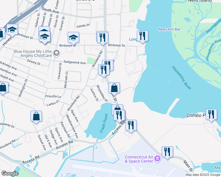 map of restaurants, bars, coffee shops, grocery stores, and more near 1029 Main Street in Stratford