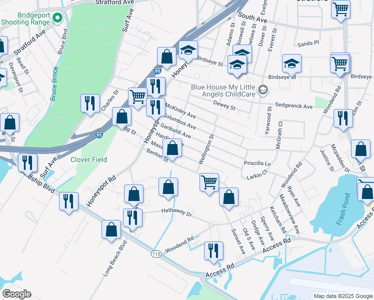map of restaurants, bars, coffee shops, grocery stores, and more near 155 Harding Avenue in Stratford