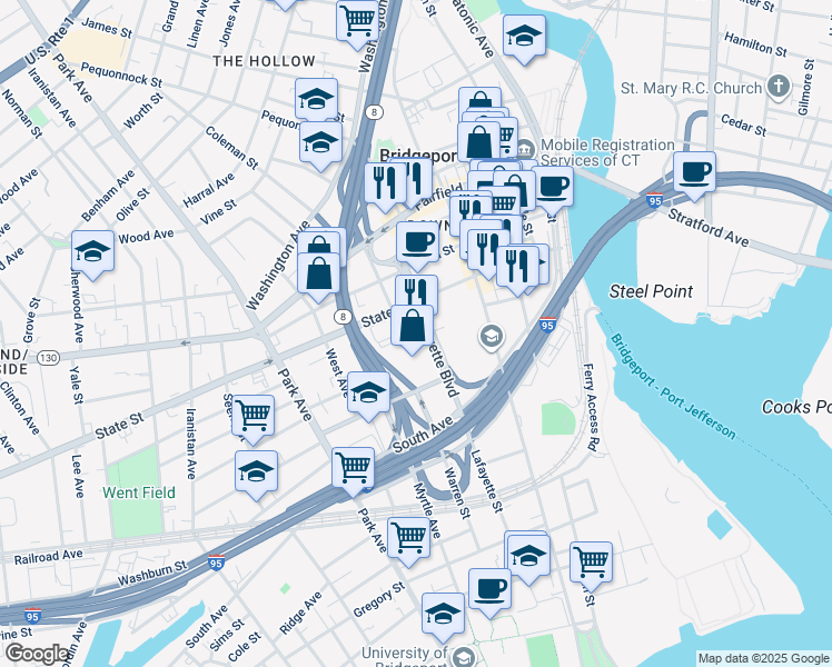 map of restaurants, bars, coffee shops, grocery stores, and more near 881 Lafayette Boulevard in Bridgeport