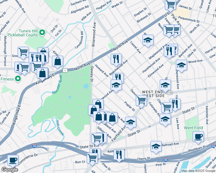 map of restaurants, bars, coffee shops, grocery stores, and more near 343 Poplar Street in Bridgeport