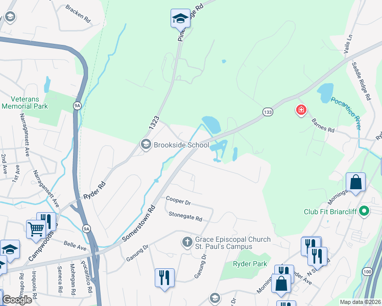 map of restaurants, bars, coffee shops, grocery stores, and more near 1 Brookside Lane in Ossining