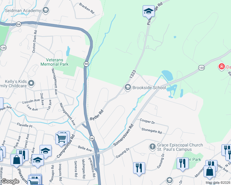 map of restaurants, bars, coffee shops, grocery stores, and more near 35 Ryder Road in Ossining