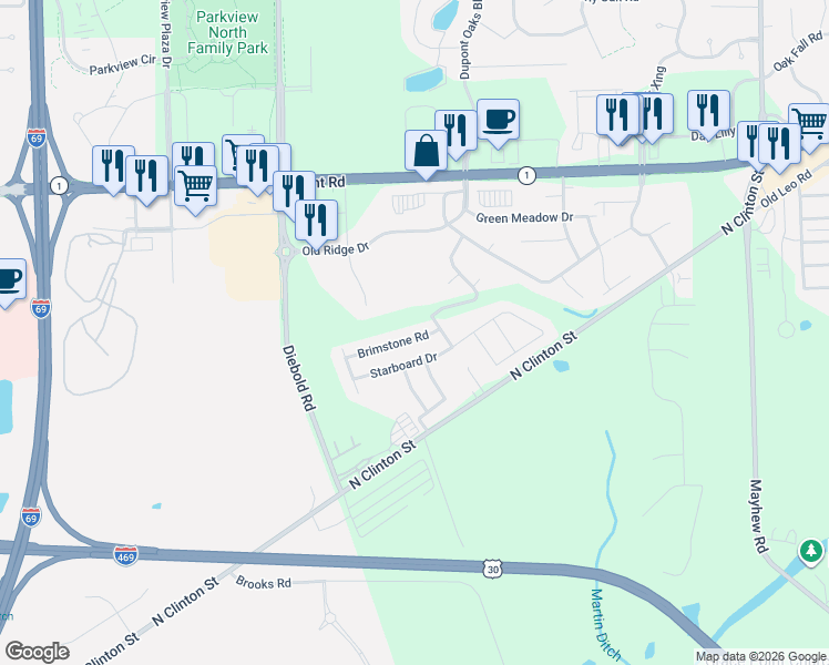 map of restaurants, bars, coffee shops, grocery stores, and more near 4300 Teges Drive in Fort Wayne