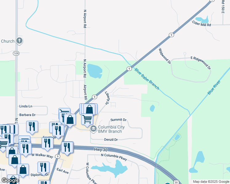 map of restaurants, bars, coffee shops, grocery stores, and more near 100 Raleigh Court in Columbia City