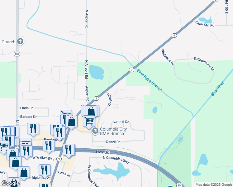 map of restaurants, bars, coffee shops, grocery stores, and more near 100 Raleigh Court in Columbia City