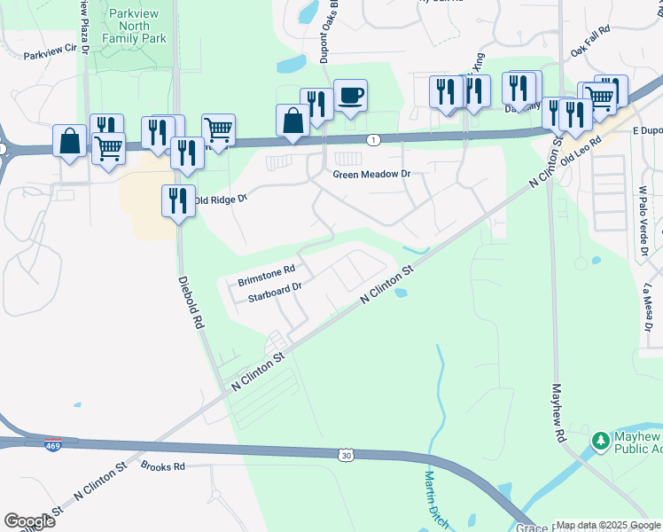 map of restaurants, bars, coffee shops, grocery stores, and more near 9701 Bannock Drive in Fort Wayne