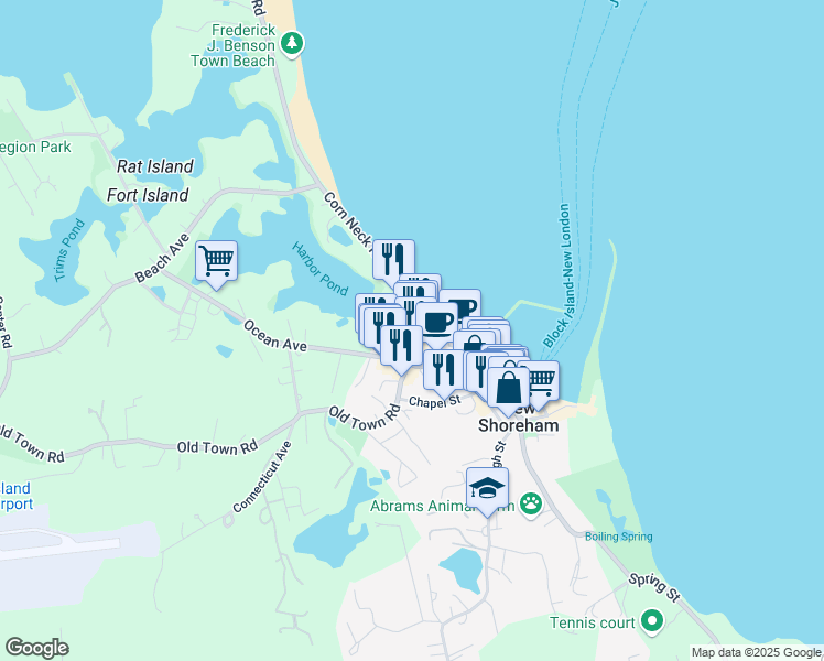 map of restaurants, bars, coffee shops, grocery stores, and more near 596 Corn Neck Road in New Shoreham