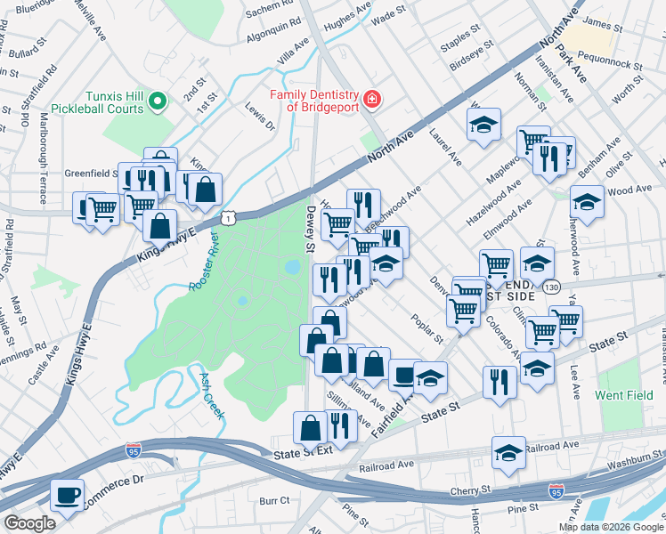 map of restaurants, bars, coffee shops, grocery stores, and more near 343 Poplar Street in Bridgeport