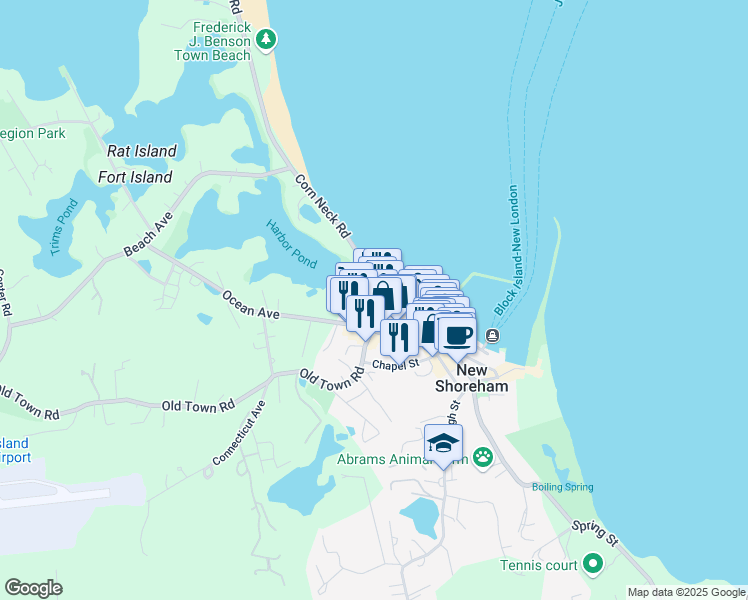 map of restaurants, bars, coffee shops, grocery stores, and more near 596 Corn Neck Road in New Shoreham
