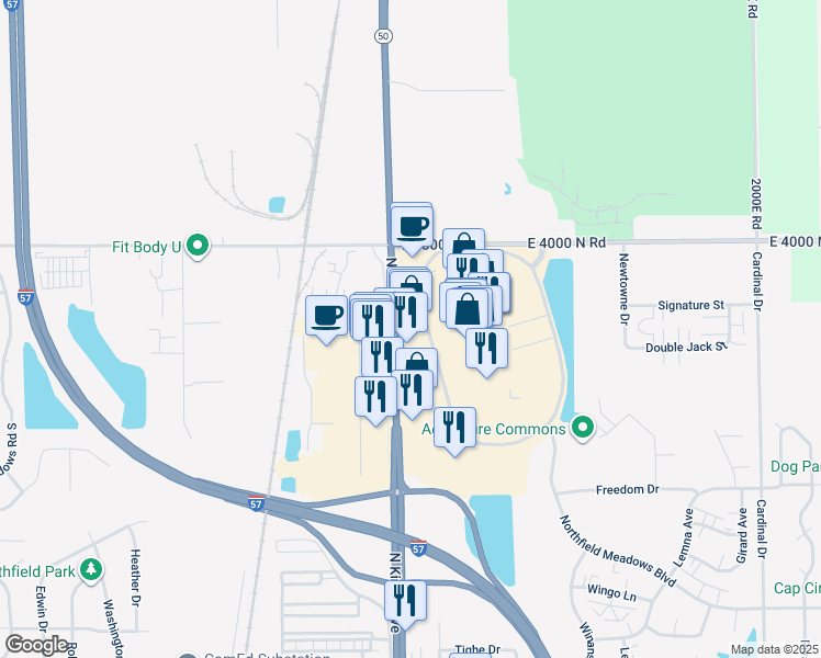 map of restaurants, bars, coffee shops, grocery stores, and more near 1634 Illinois 50 in Bourbonnais