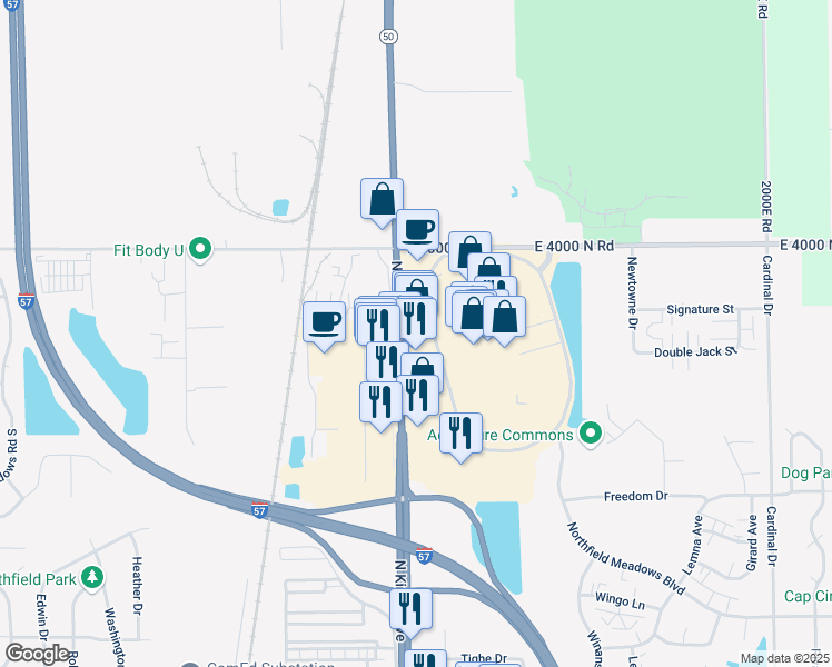 map of restaurants, bars, coffee shops, grocery stores, and more near 1634 Illinois 50 in Bourbonnais