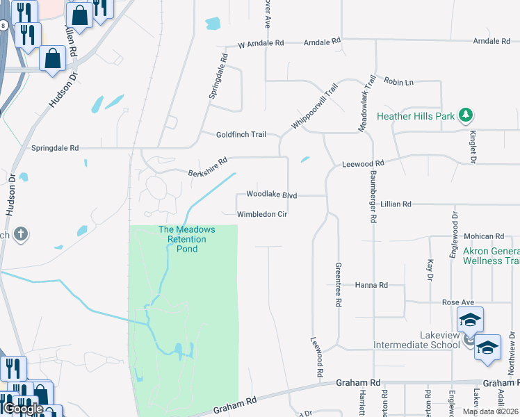 map of restaurants, bars, coffee shops, grocery stores, and more near 1451 Wimbledon Circle in Stow