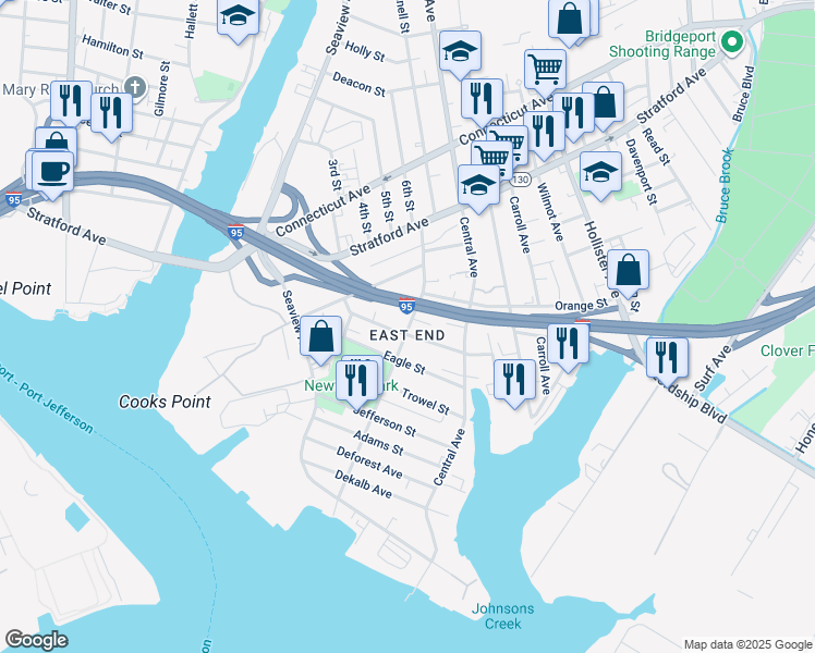map of restaurants, bars, coffee shops, grocery stores, and more near 111 Smith Street in Bridgeport
