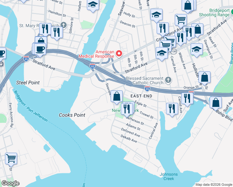 map of restaurants, bars, coffee shops, grocery stores, and more near 830 Seaview Avenue in Bridgeport