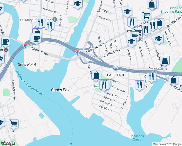 map of restaurants, bars, coffee shops, grocery stores, and more near 830 Seaview Avenue in Bridgeport