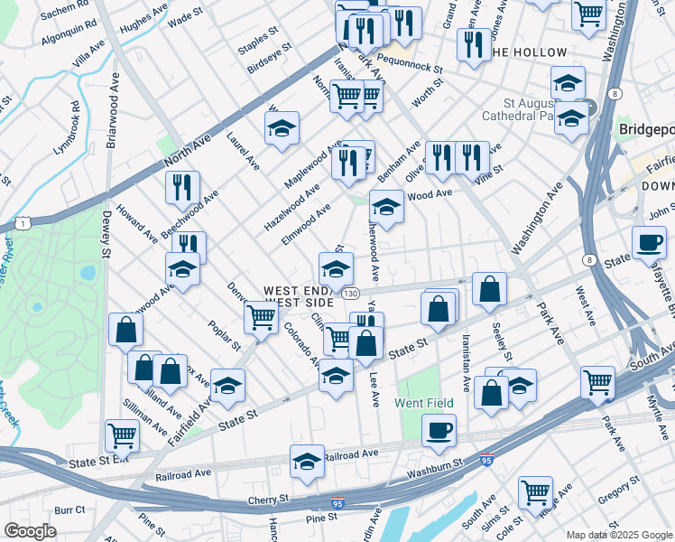 map of restaurants, bars, coffee shops, grocery stores, and more near 61 Grove Street in Bridgeport