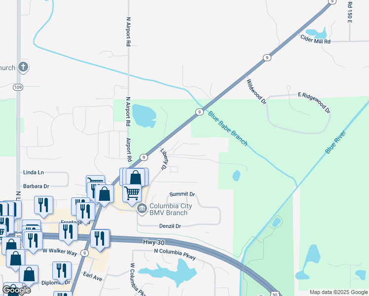 map of restaurants, bars, coffee shops, grocery stores, and more near 100 Raleigh Court in Columbia City