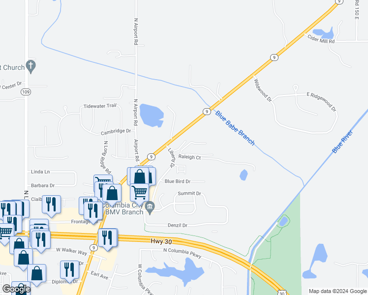 map of restaurants, bars, coffee shops, grocery stores, and more near 100 Raleigh Court in Columbia City