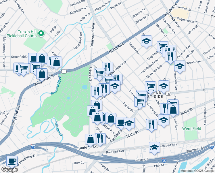 map of restaurants, bars, coffee shops, grocery stores, and more near 814 Maplewood Avenue in Bridgeport