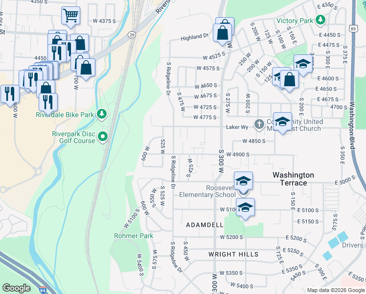 map of restaurants, bars, coffee shops, grocery stores, and more near 4850 South 450 West in Washington Terrace